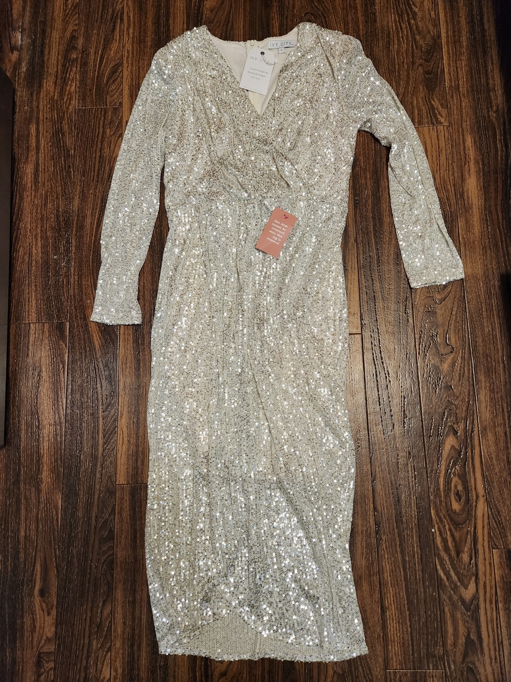 NWT Silver White Sequin Wrap Dress Long Sleeve Sz L